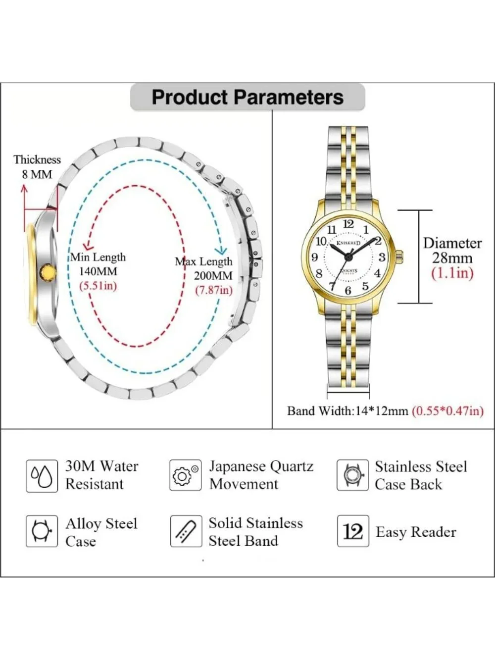 Women's Silver Gold Solid Stainless Steel Band Easy to Read Dial Wrist Watch